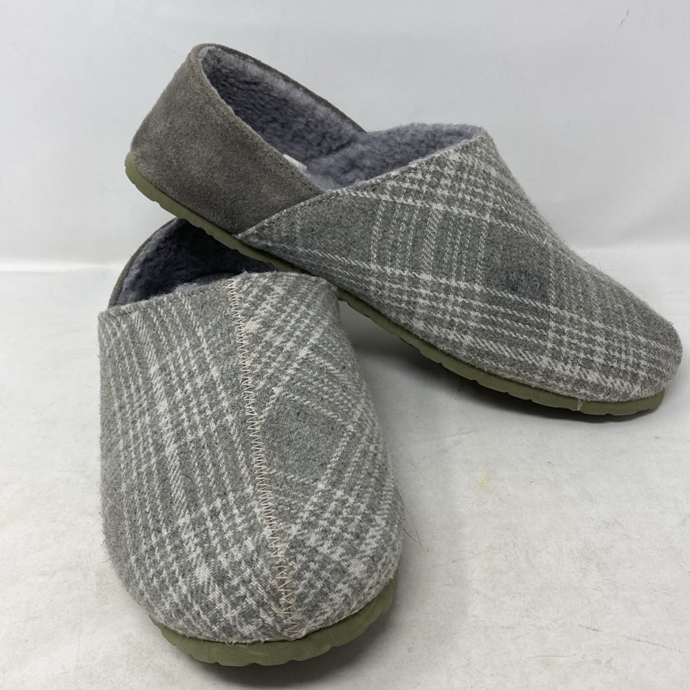 Acorn Gray Plaid Wool with Faux Fur Slippers